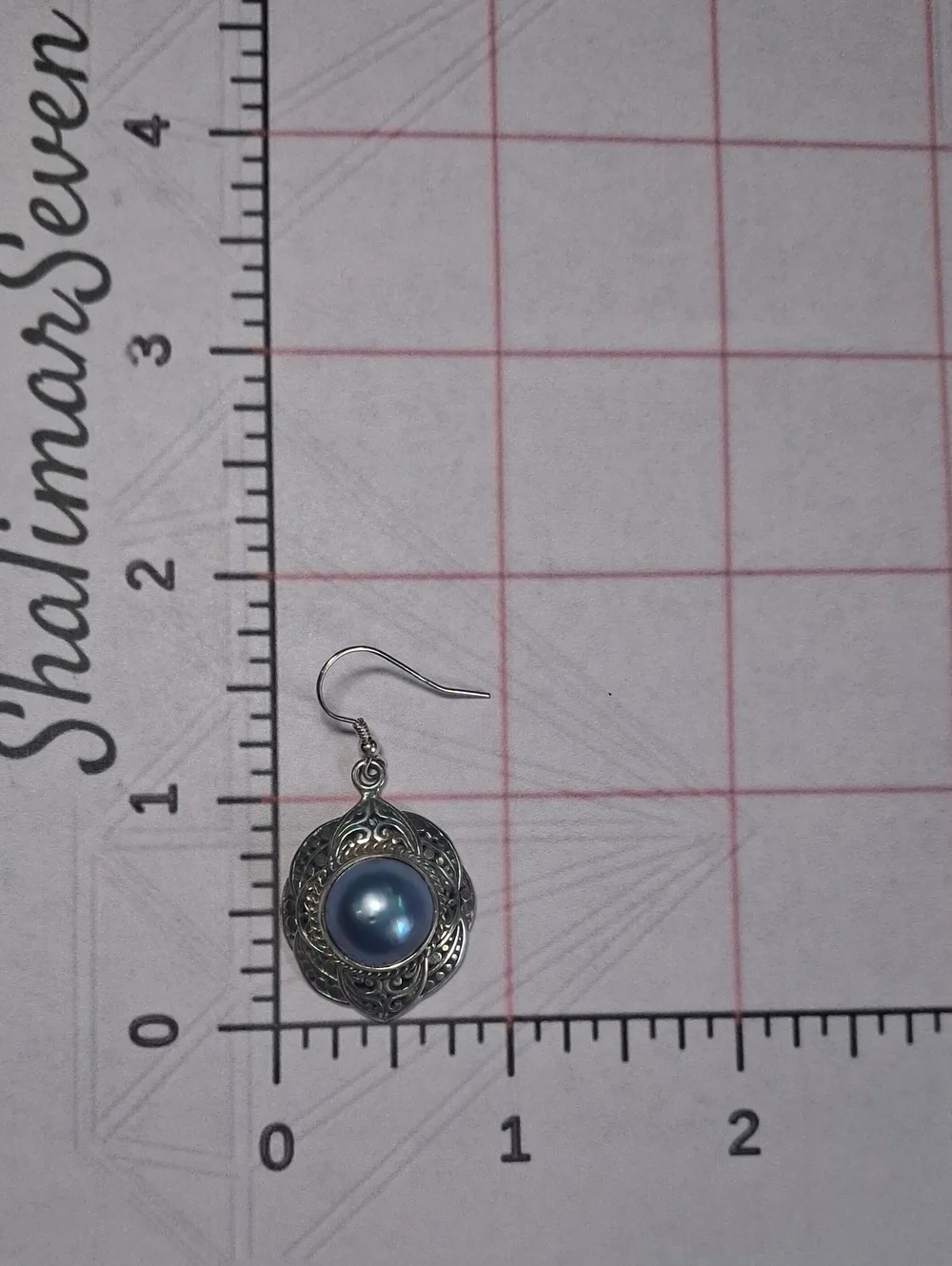 Cultured Blue Mabe Pearl Sterling Silver Dangle Drop Earrings Balinese Style